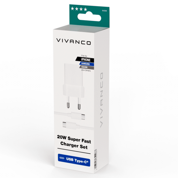 Vivanco Nopea USB-C 20W Kotilaturi + USB-C kaap. 1.2m Valk